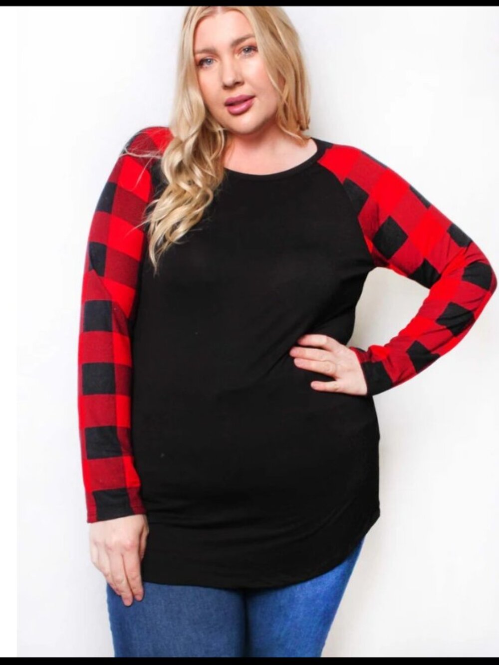 Women's Plus Long Sleeve Round Neck Plaid Raglan Top by Colorbear
